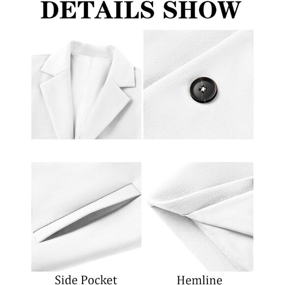 Men's White Trench Coat Winter Single Breasted Pea Coat Warm Soft Overcoat - Picture 5 of 5